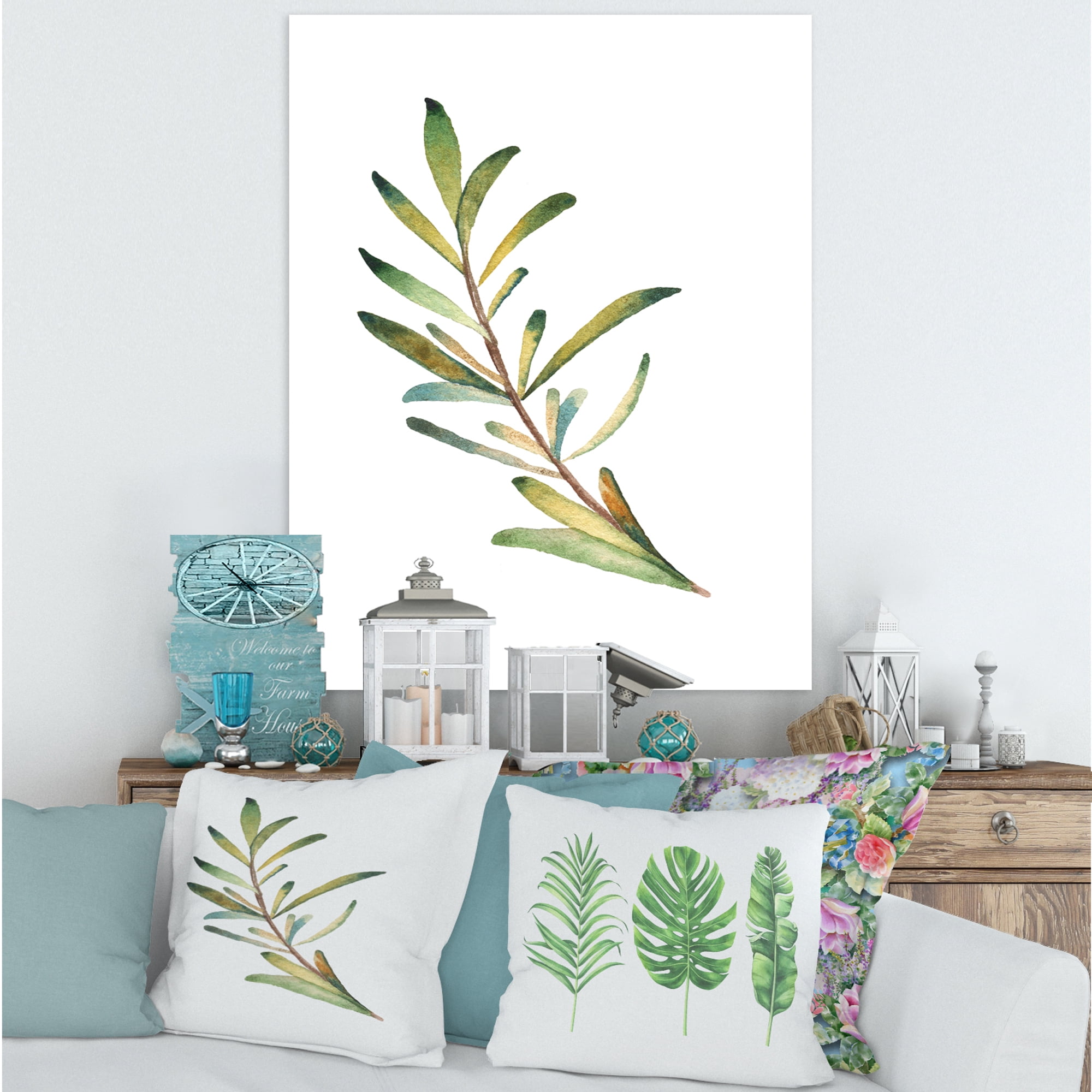 Designart ' Leaf Rosemary Branch on White ' Traditional Canvas Wall Art Print