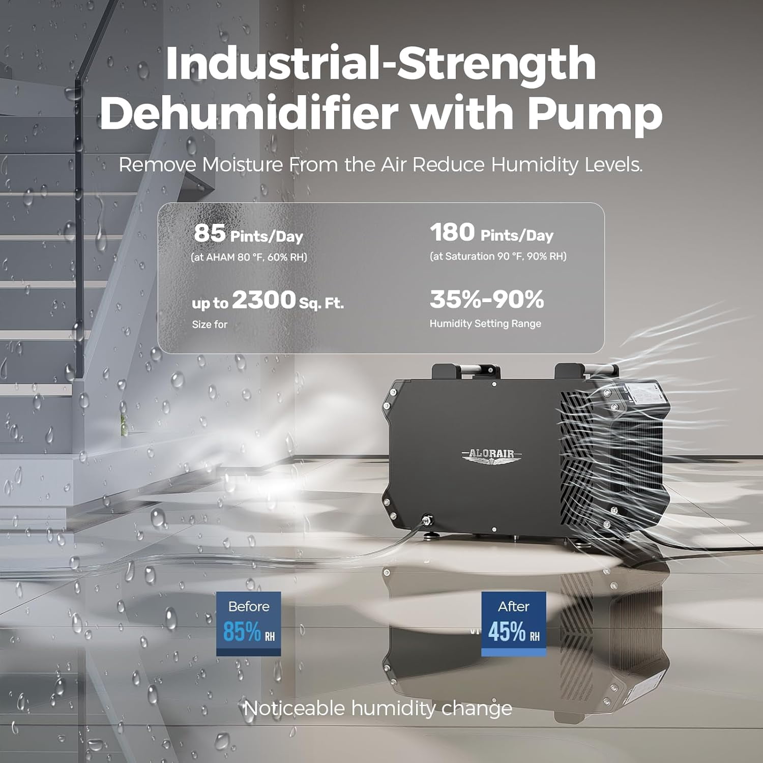 Alorair Crawlspace Dehumidifiers with Pump, 180 Pint Commercial Dehumidifier for Basements with Drain Hose, 2,300 Sq.Ft Auto Defrost Dehumidifier for Home Commercial