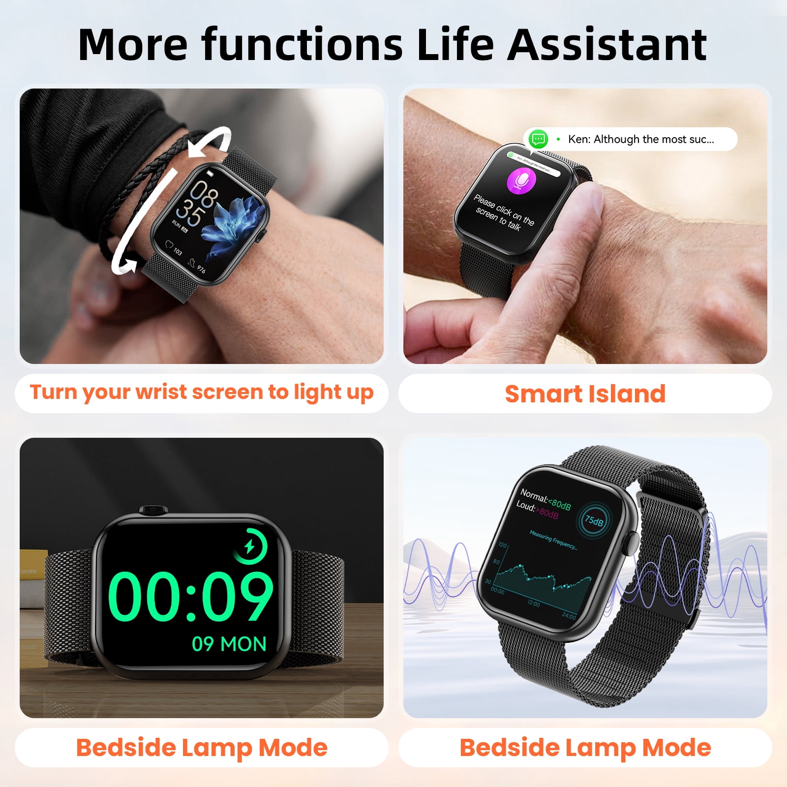 Mingdaln 1.85-inch Men Women's Smart watch with Answer/Make Calls/120+Sports Modes/Two watch straps, IP68 Waterproof Fitness Tracker fits with Android Iphone Devices（Black Milan Steel belt）