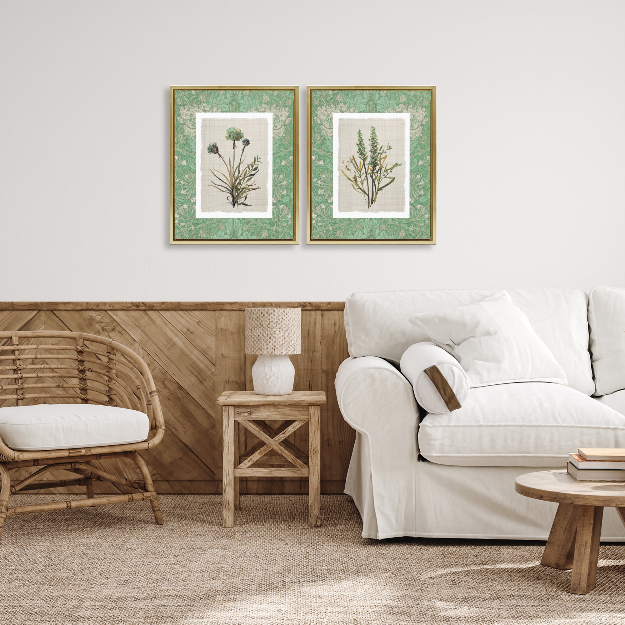 Stupell Industries Green Tone Herbal Blooms 2 Piece Gold Framed Floater Canvas Set, design by Carol Robinson