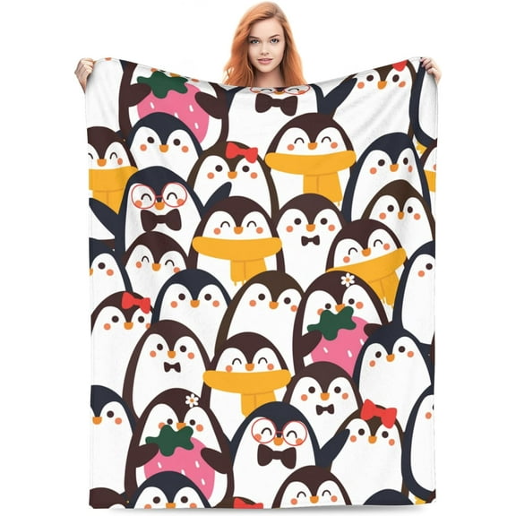 Cute Penguin Throw Blanket, Penguin Flannel Blanket Home Decor Perfect for Bed and Sofa Blankets for All Season Microfiber Durable Couch Blankets (60x50inch)