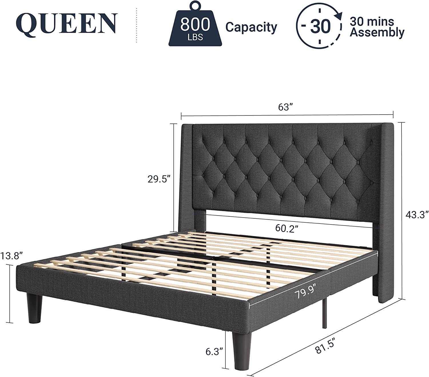 Allewie Queen Size Upholstered Platform Bed Frame With Wingback And ...