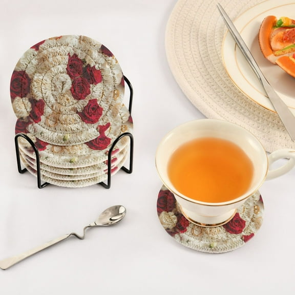 BZSMCE 6Pcs Drink Coasters With Holder 3.94Inch Roses and Gold Rings Creative Coil Coaster Coasters Colors Absorbent Coasters for Drinks Coasters Set Thicken Heat for Home Table