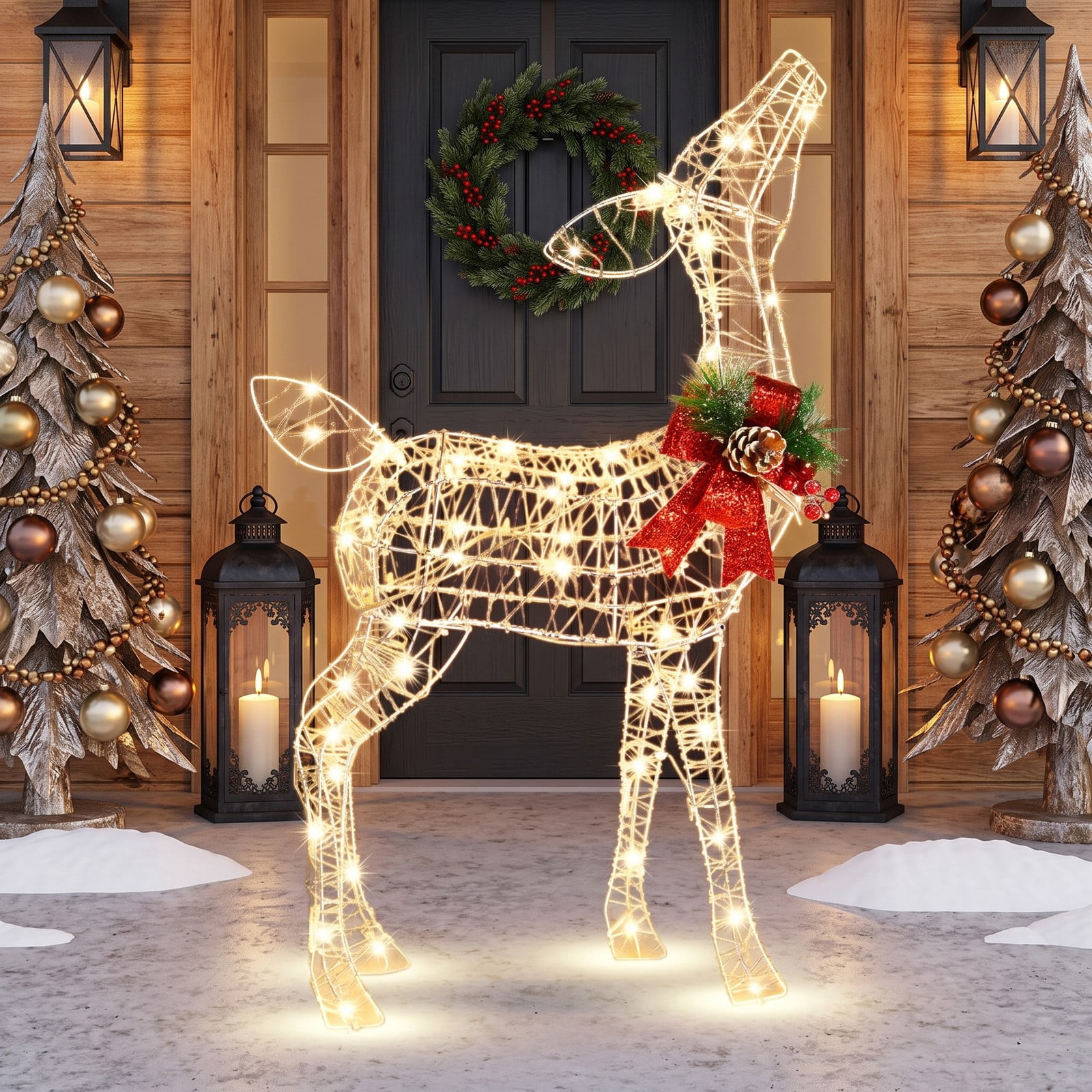 RUIE 34.5-inch Lighted Christmas Reindeer Decoration with 50 Warm White LED Lights, Pre-Lit Outdoor Yard Decor, White