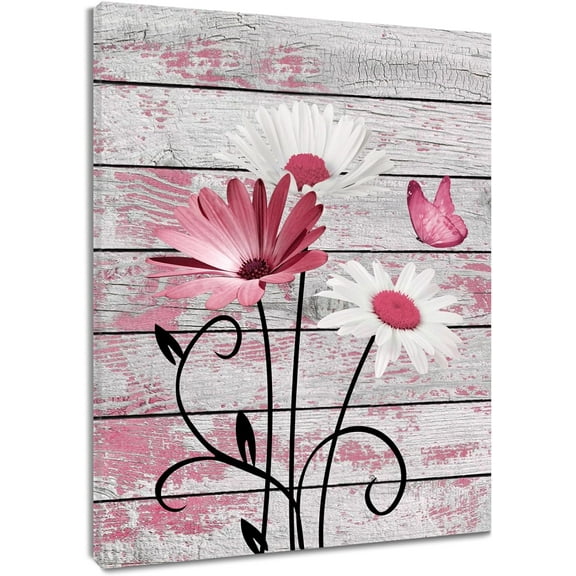 Farmhouse Floral Wall Art for Living Room, Pink and White Daisy Flower and Butterfly on Rustic Wood Board Canvas Wall Art Framed Artwork Ready to Hang for Bathroom Bedroom Decor, 16L X 12W inches