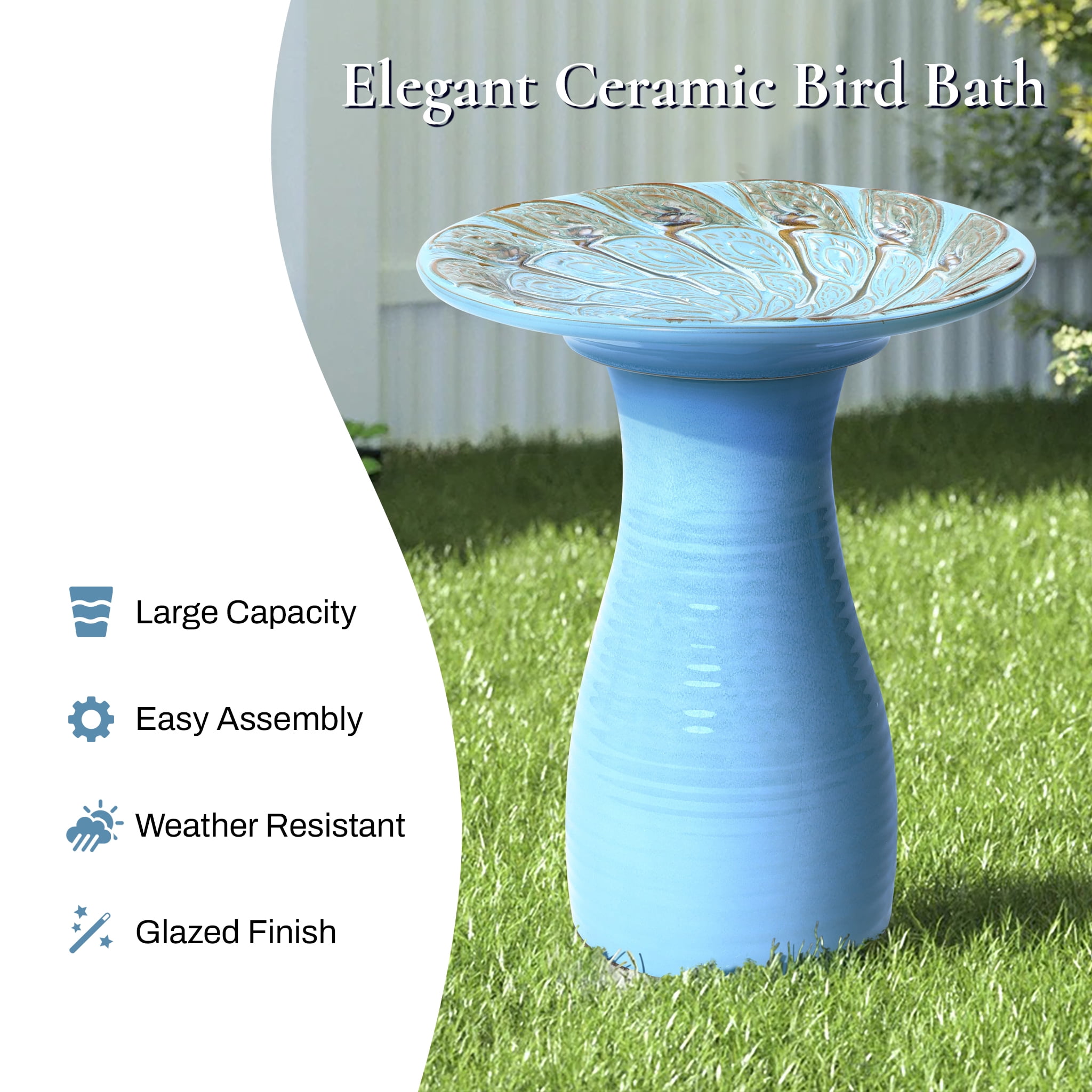 LuxenHome 20 Inch Ceramic BirdBath for Outside, Elegant Tall Outdoor Bird Bath with Leaf Pattern