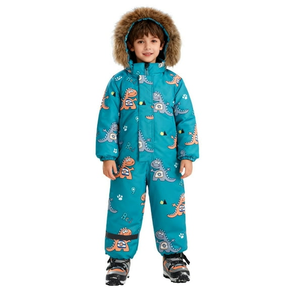 KAUOD Boys Girls Cute Dinosaur Snowsuits Faux-F𝐮r Hood Outdoor Snowboard Ski Jumpsuits Kids Insulated Thick Snow Suits