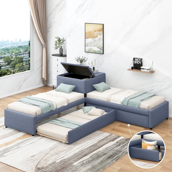 Mirightone Upholstered L-shaped Twin Bed with Trundle and Storage Drawers, Linen L-shaped Twin Corner Bed with Built-in Desk, Grey