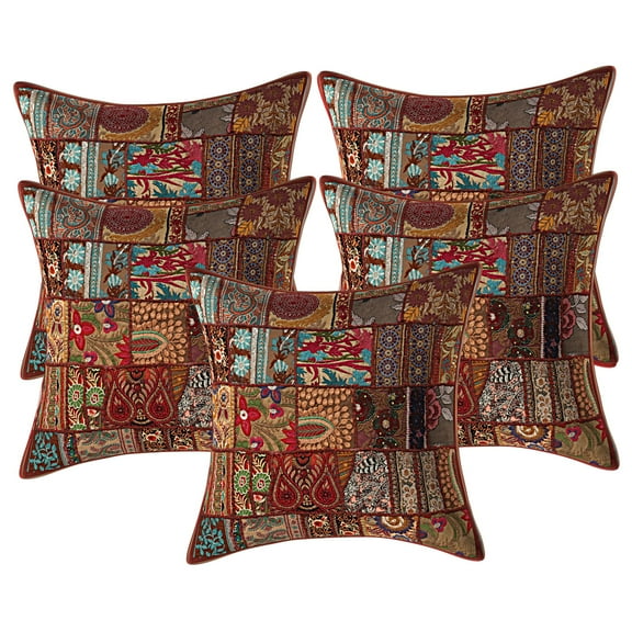 Stylo Culture Ethnic Vintage Patchwork Floral Sofa Throw Pillow Covers 24x24 Large Brown Bohemian 60 x 60 cm Home Decor Cotton Abstract Square Cushion Covers | Set Of 5