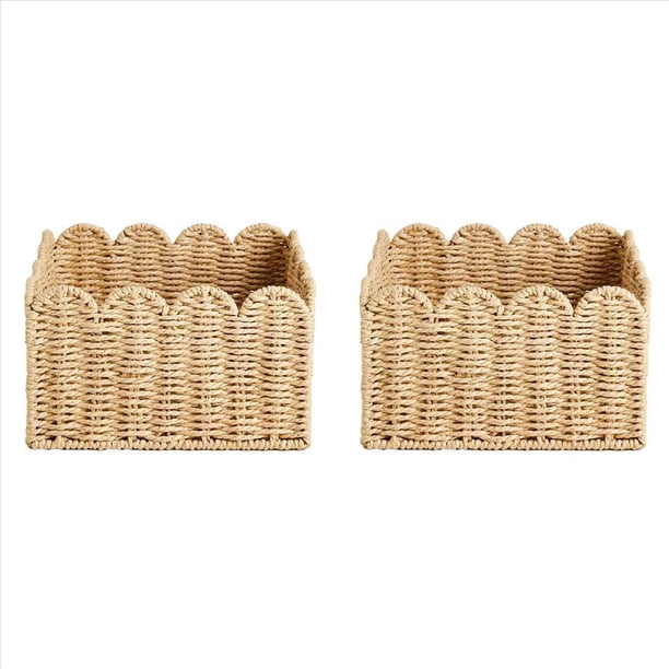 2X Cesta con Borde Festoneado, Cestas de Almacenamiento de Mimbre, Cestas Organizadoras Tejidas A Mano para Estantes, Diseño de Cuerda de Papel