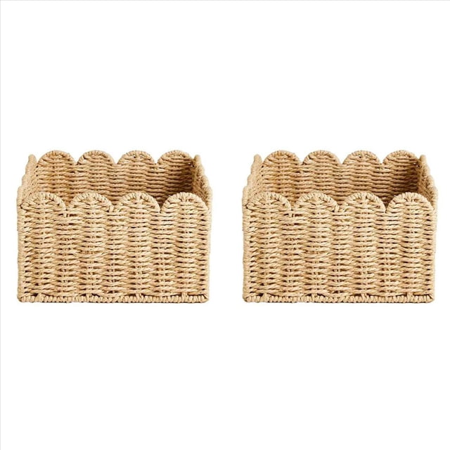 2X Cesta con Borde Festoneado, Cestas de Almacenamiento de Mimbre, Cestas Organizadoras Tejidas A Mano para Estantes, Diseño de Cuerda de Papel