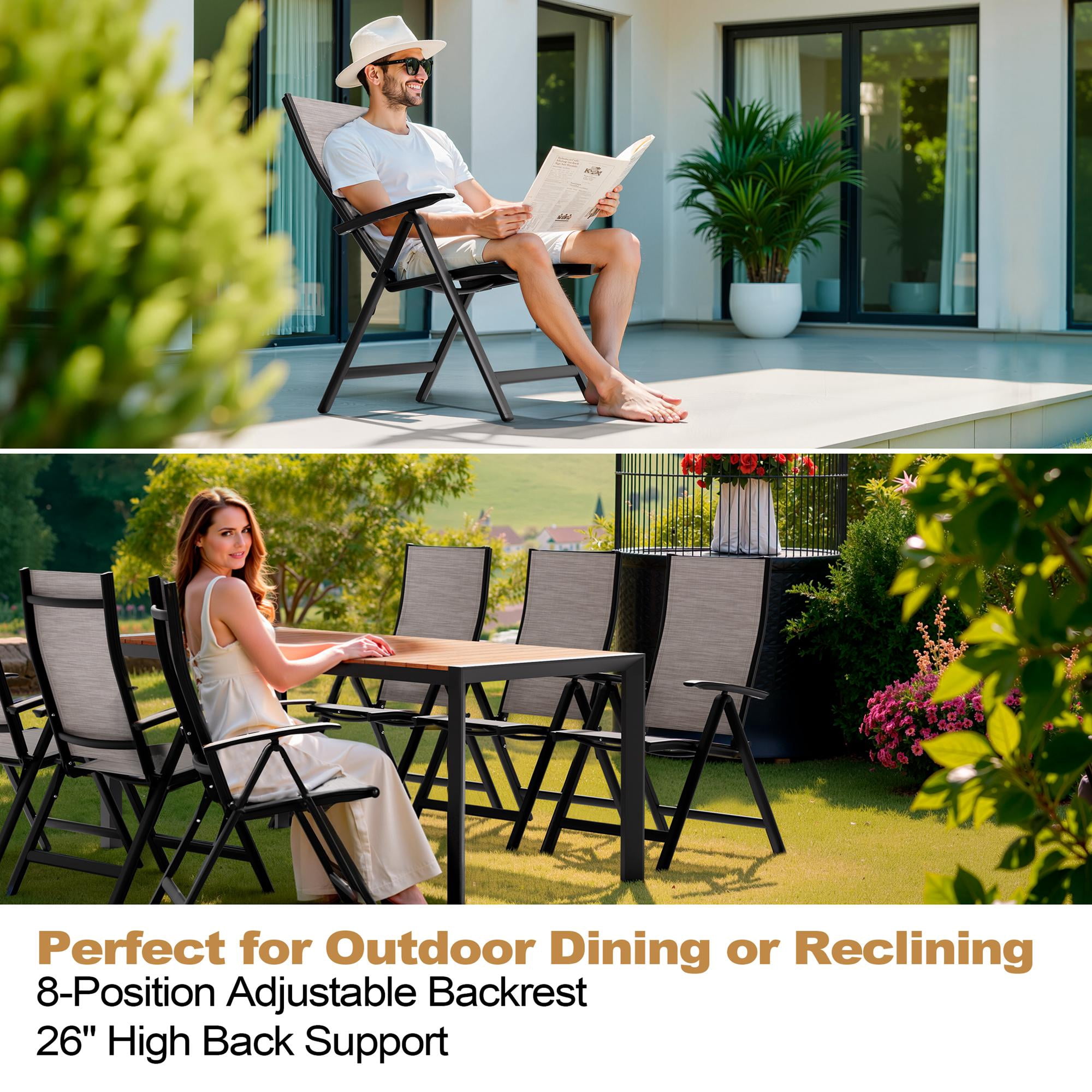 Pellebant Folding Outdoor Chairs Set of 2, High Back Aluminum Patio Recliners with Teak Armrests for Outside Porch, No Assembly Required