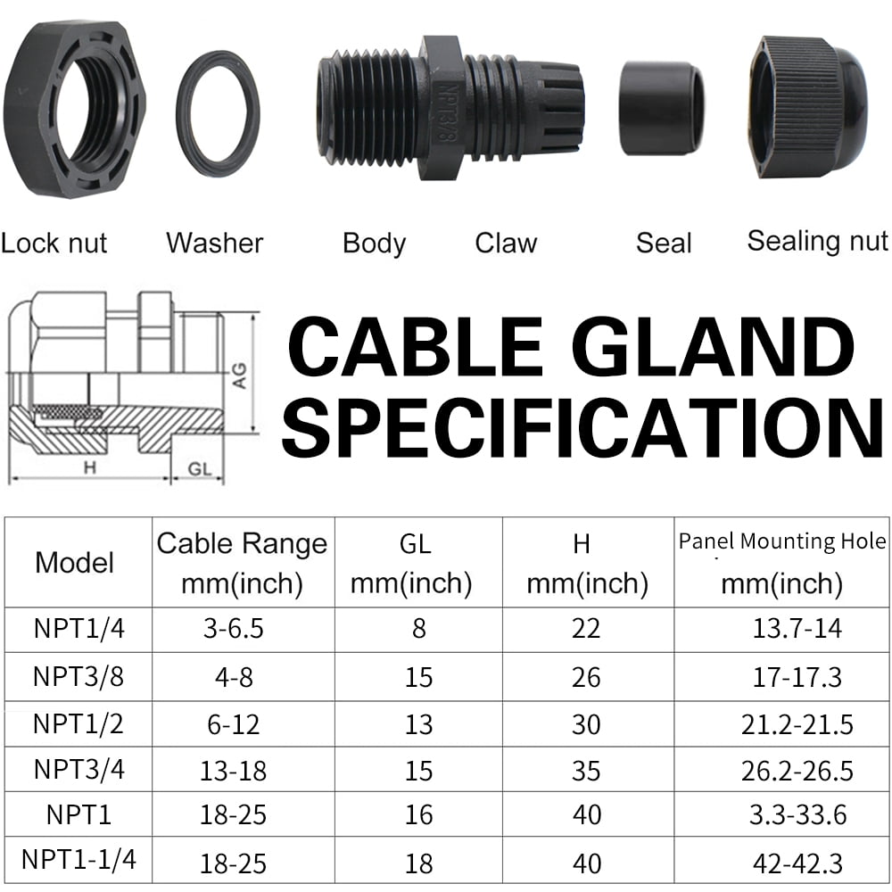 MAKERELE Cord Grip Cable Glands Kit for NPT Waterproof Nylon Strain Relief 1/4” 3/8” 1/2” 3/4” 1” 1-1/4” 50pcs Junction Box Connector Black With Gaskets