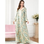 OBEEII Muslim Abaya Dress for Women Elegant Floral Islamic Dubai Long Sleeve Kaftan Maxi Dress Eid Party Loose Fit Muslim Prayer Dresses