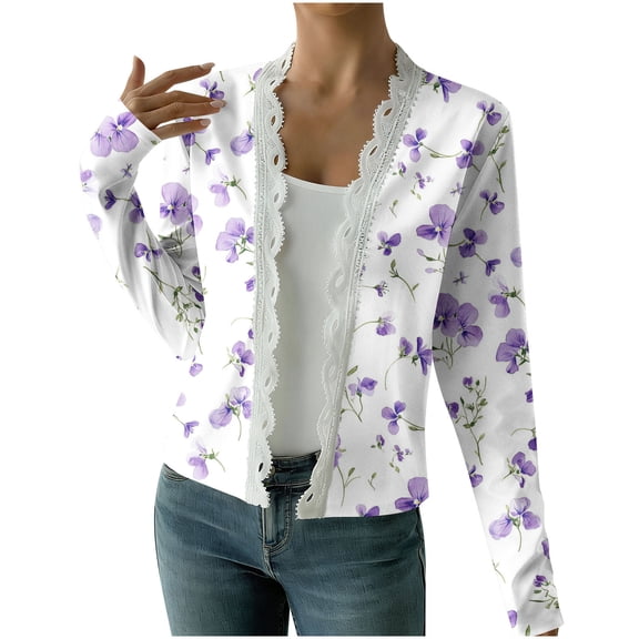 Womens Lace V Neck Cardigan Sweaters Floarl Print Long Sleeve Knit Tops Sping Trendy Lightweight Open Front Sweater