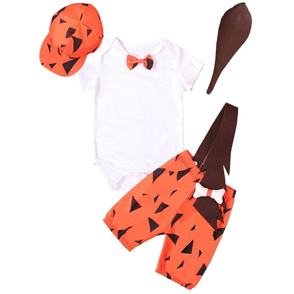 ATAIKU Infant Baby Boys Halloween Caveman Outfits Newborn Romper Suspenders Shorts Hat Bat 4pcs Historical Stone Age