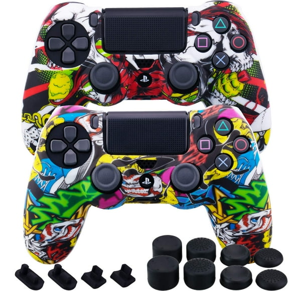 IBAOLEA Silicone Rubber Cover Skin case Anti-Slip Water Transfer Customize Camouflage for PS4/SLIM/PRO Controller x 2(Skulls Printing) + FPS PRO Extra Height Thumb Grips x 8 print poker+skull