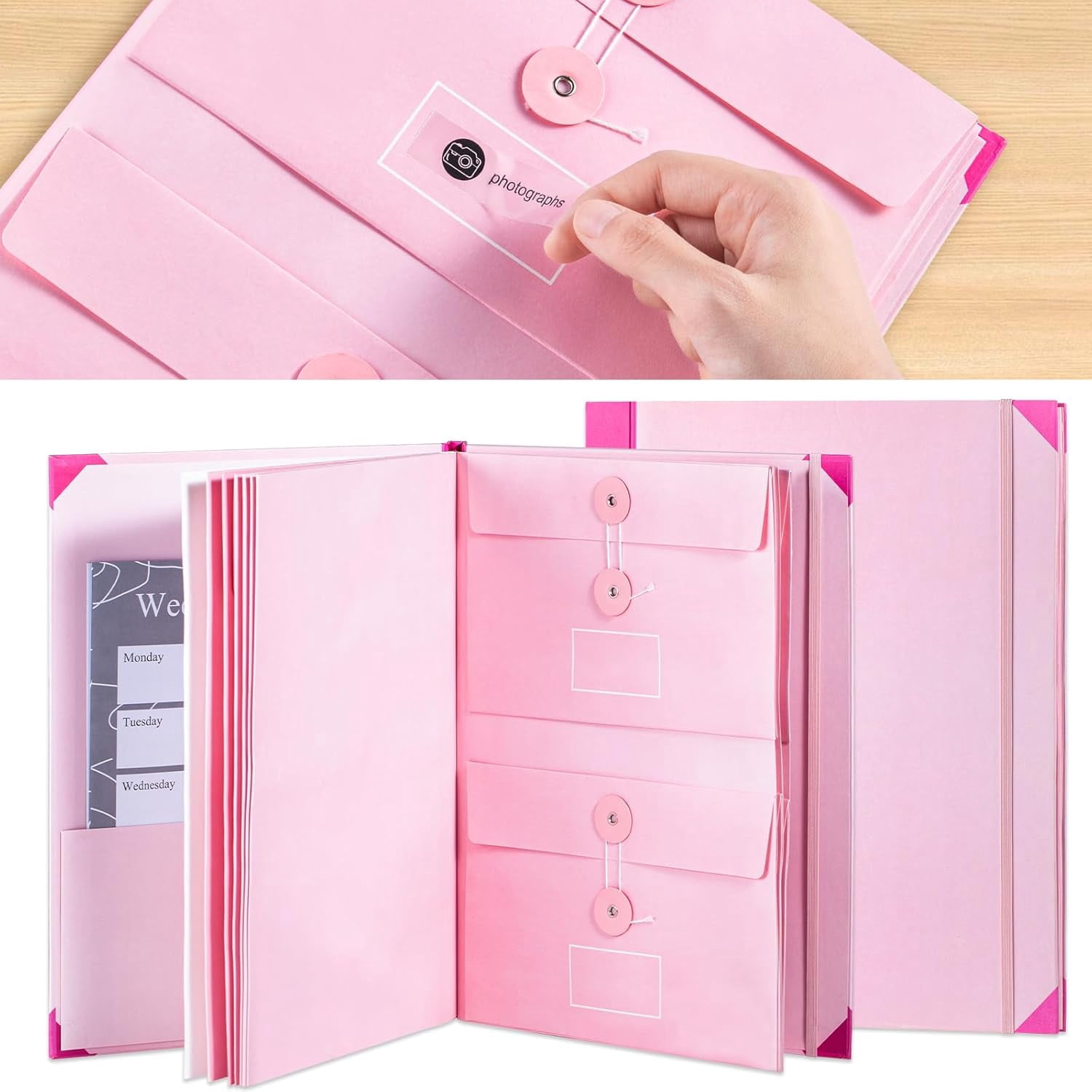 Folio Document Organizer with Labels, Important Folders with Pockets,File Stylish Binder for Storing Important Papers, Certificates, Passports, Photos, and Letters (Pink)