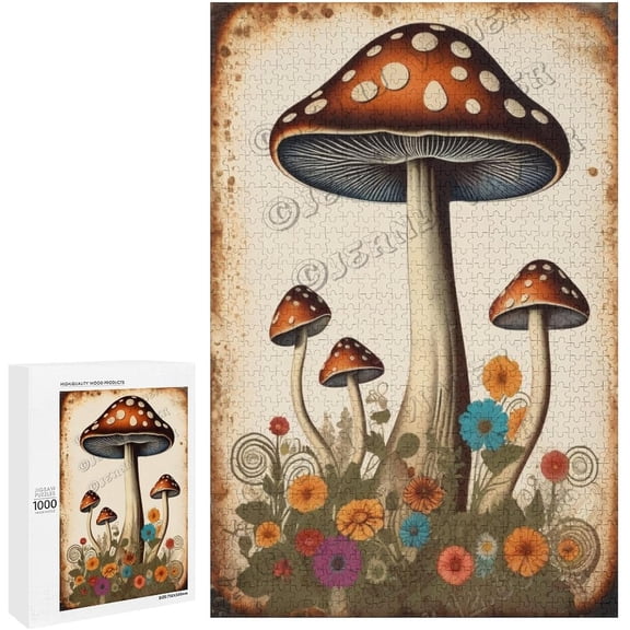 zomyto Mushroom Boho Vintage 500 Piece Jigsaw Puzzle for Adults Rustic Wood Wall Sign 15 x 20.5 Inch