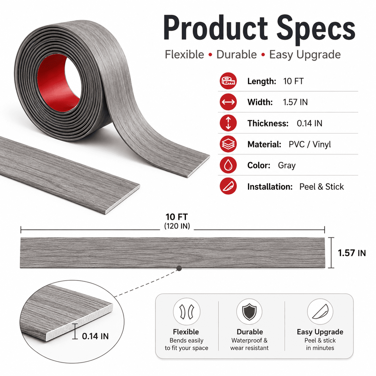 Yeslife 1 pc Self Adhesive Floor Transition Strip, 10 ft x 1.57 in, Gray Vinyl, Flexible Waterproof Gap Cover for Laminate, Tile and Carpet Flooring
