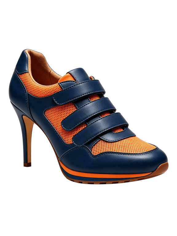 Women Chic Round Toe Sneaker Heels Mesh Leather Strap Stiletto Pumps Size 10.5 Navy Blue Orange