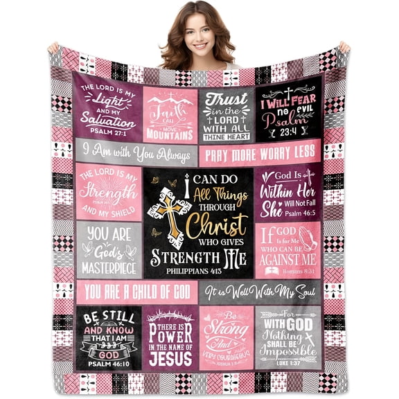 Christian Flannel Blanket with Bible Verses & Cross - Soft Plush Retro Patchwork Throw for Sofa Bed - All Season Inspirational Gift