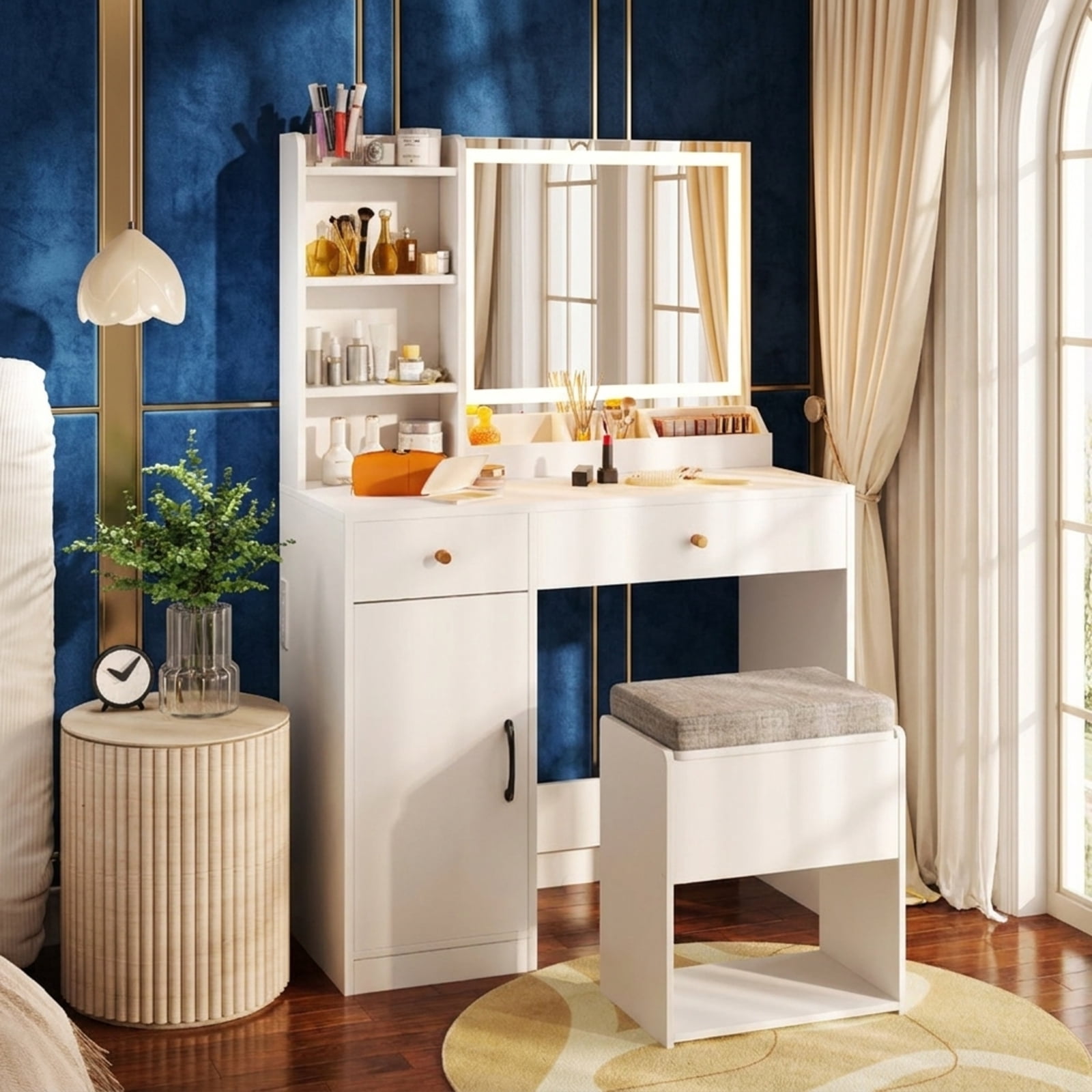 Furnibear Vanity Desk with Mirror and 3-Color Adjustable Lights and Chair Set with Power Outlet USB Ports for Bedroom Makeup Room, White