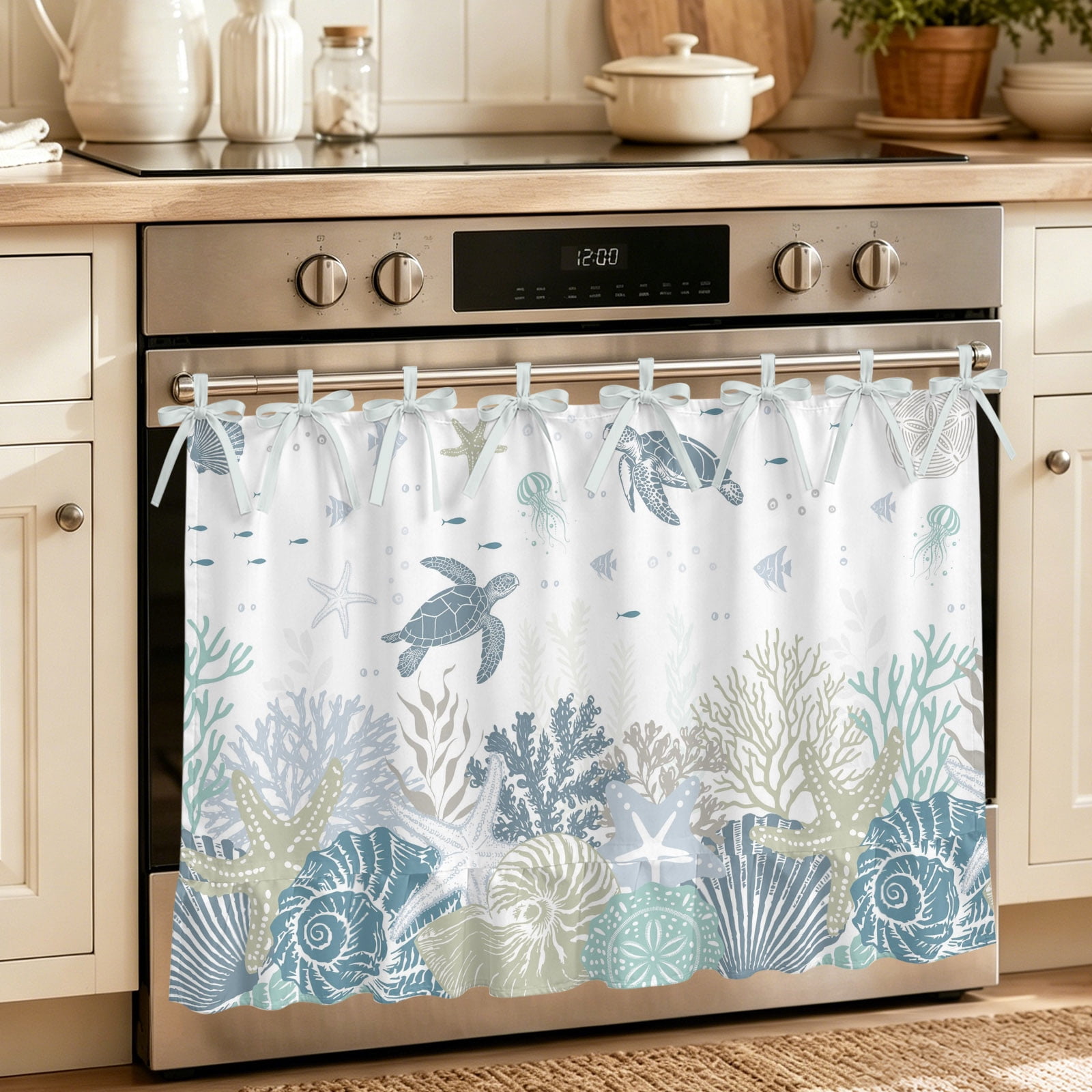 Sea Turtle Coastal Oven Skirt for Farmhouse Kitchen D&eacute;cor Nautical Summer Beach Starfish Coral Ocean Oven Curtain Tie Top Stove Skirt Cabinet Dish Washer Curtains 8 Ribbon Ties 30 x21.5