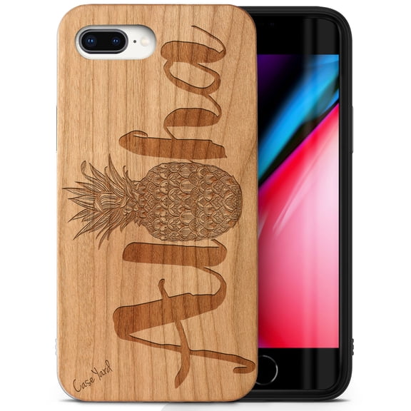 Case Yard Wooden Case Outside Soft TPU Silicone, Slim Fit Shockproof Wood Protective Phone Cover for Girls Boys Men and Women, Supports Wireless Charging Aloha Pineapple Design case for iPhone-8-Plus