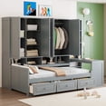 thumbnail image 3 of Twin Size Wood Daybed with Desk and Wardrobe, Corner Bed Frame with Storage Drawers and Bookshelf for Small Bedrooms, Teens and Adults, Gray, 3 of 9