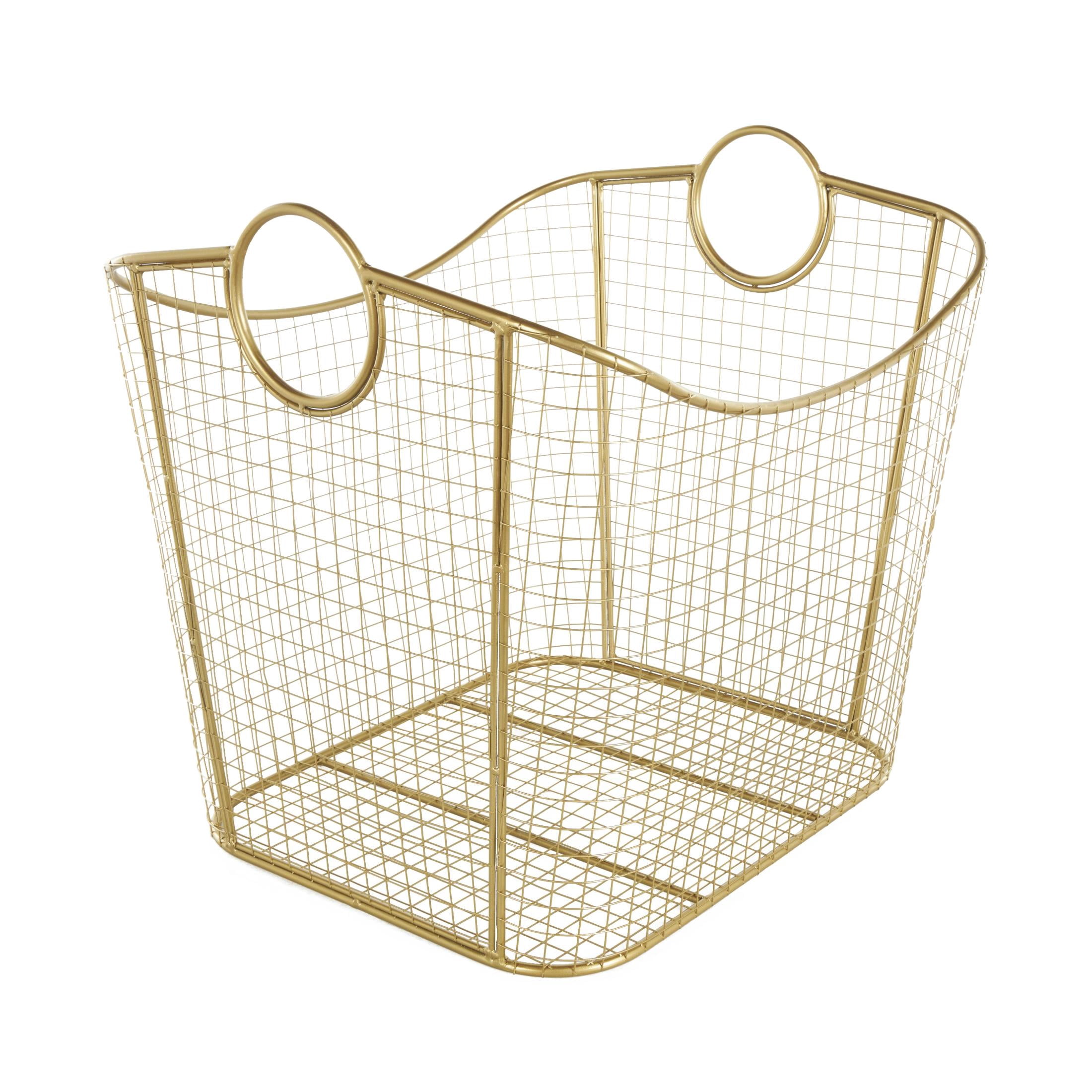 DecMode 20" x 19" Gold Metal Deep Storage Basket with Curved Sides and Ring Handles, 1-Piece