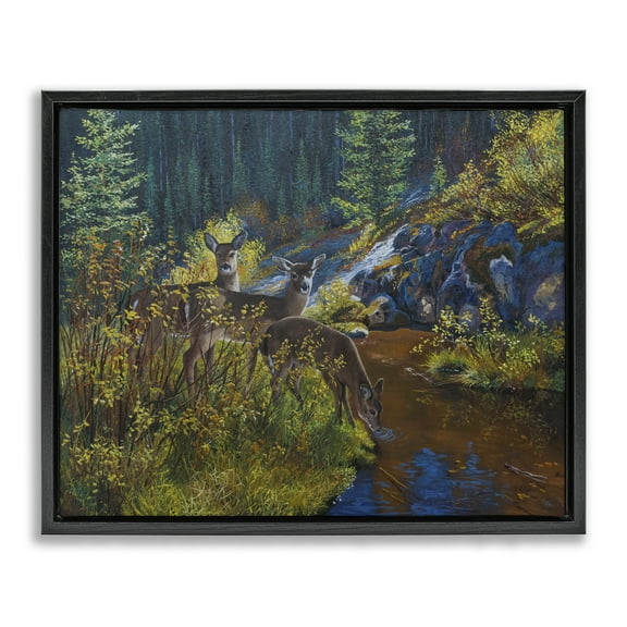 Stupell Industries Deer Drinking from River Landscape & Nature Painting Black Floater Framed Canvas Art Print Wall Art, 21 x 17