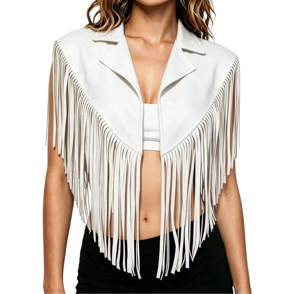 cocolona Vest for Women Notch Lapel Fringe Sleeveless Cropped Jacket Vacation Party Trendy Outerwear
