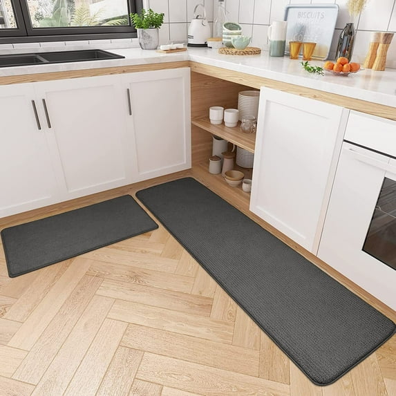 2 Pieces Kitchen Rug Set Water Absorb Non-Slip Kitchen Rug Bathroom Mat Doormat Carpet for Laundry 17"x 29"+17"x 79", Black