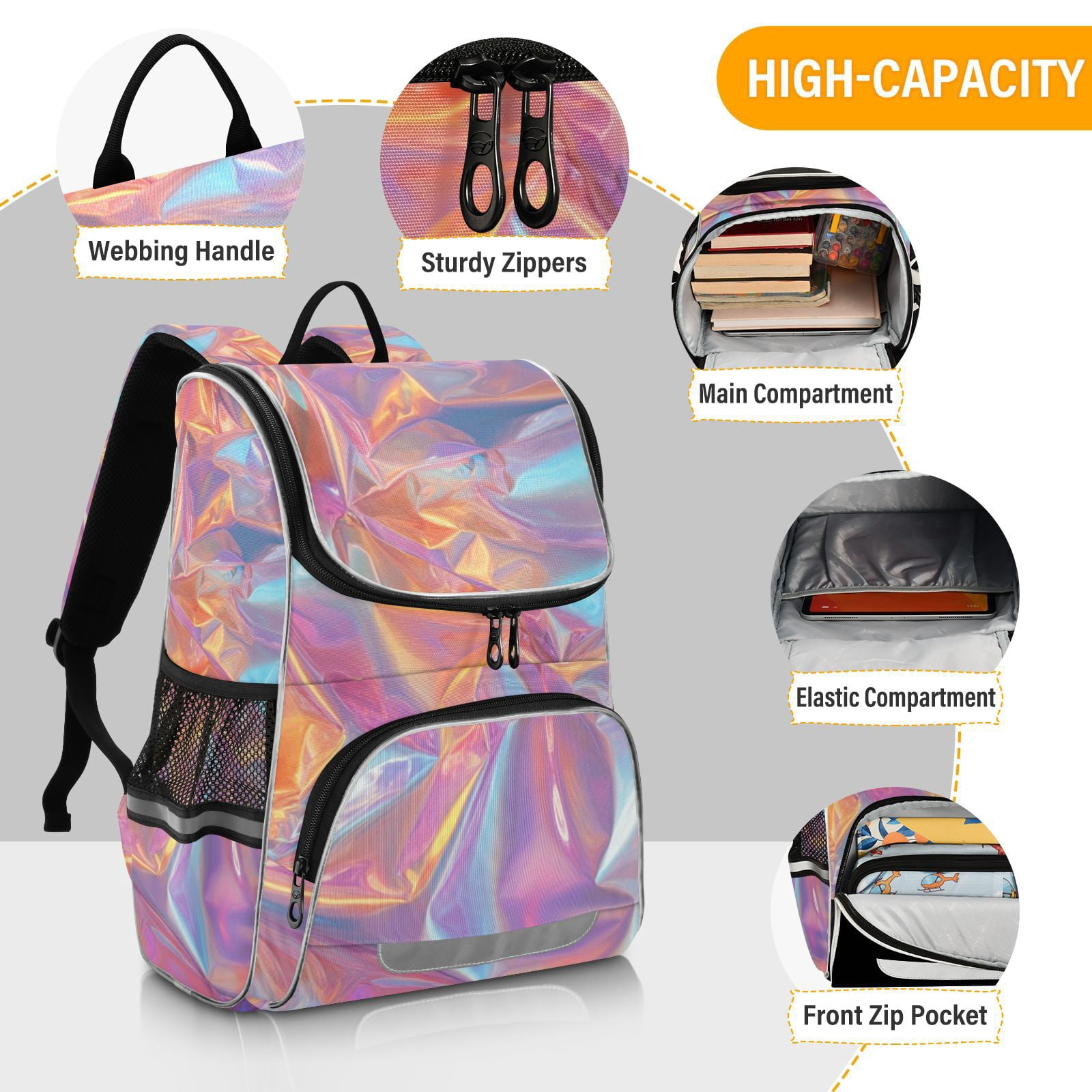 Hologram Colorful Backpack Big Laptop Backpack Casual Daypack Quilted Large Capacity Large Bookbags