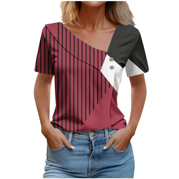 Tops de Algodón para Mujeres Cuello en V Casual de Manga Corta, Imitación Algodón Primavera Y Blusa de Verano
