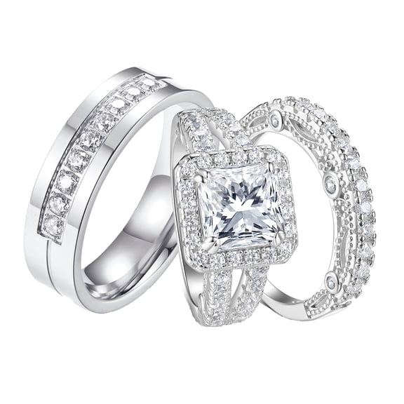 SFTING Wedding Ring Sets for Him and Her Engagement Promise Women Ring 18K Plated 5A CZ Men Ring Titanium Steel Size 9&7