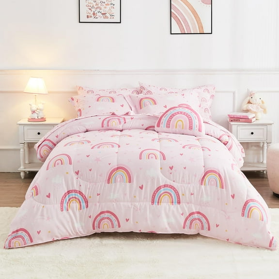 Viviland Bed in a Bag for Kids Girls Teens, 8 Pieces Full Size Comforter Bed Set with Shams, Sheet Set and Decorative Toy Pillow, Rainbow Pink Super Soft Microfiber Kids Comforter Bedding Set