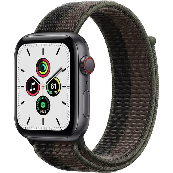 Restored Apple Watch SE (1st Gen) GPS Cellular, 44mm Space Gray Aluminum Case with Tornado/Gray Sport Loop (Refurbished)
