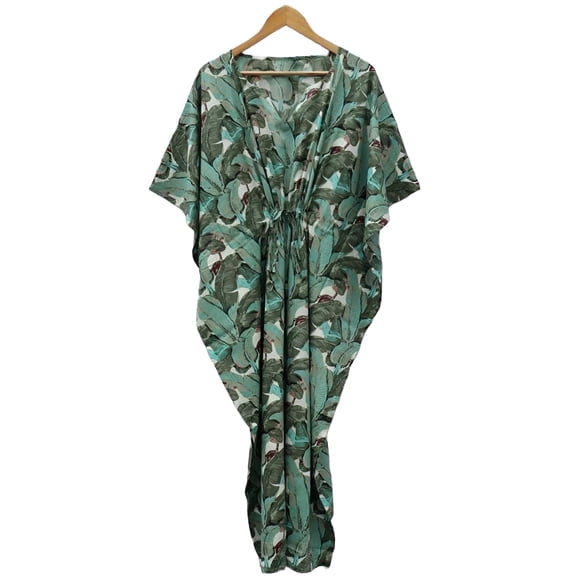 Banana Leaves Print Cotton Kaftan Dress Long Top Caftan, Dress Beach Wear Cover up, Printed Sleepwear Maxi Dress Boho Kimono Robe