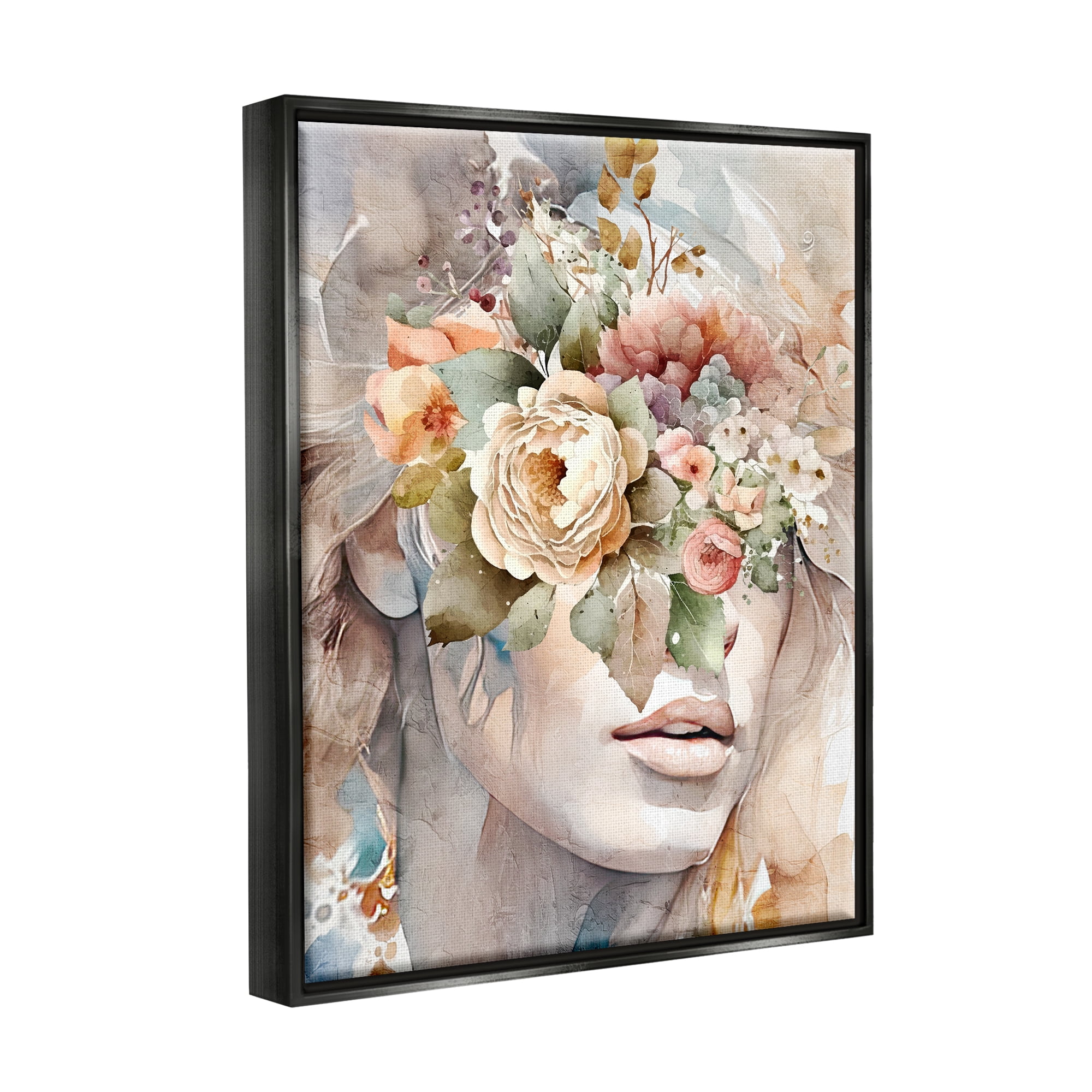Stupell Industries Female Floral Abstraction Botanical & Floral Painting Black Floater Framed Canvas Art Print Wall Art, 17 x 21