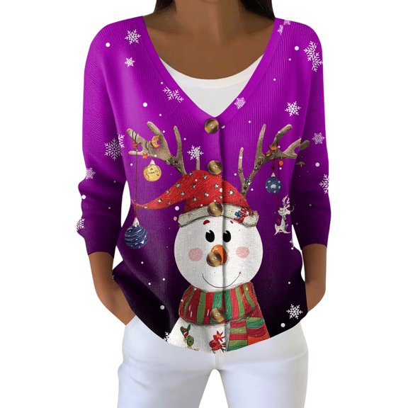 Women's Fashion Long Sleeve Christmas Snowman Snowflake Print Jacket Cardigan for Holiday Party and Casual Daily Wear,Purple,2XL