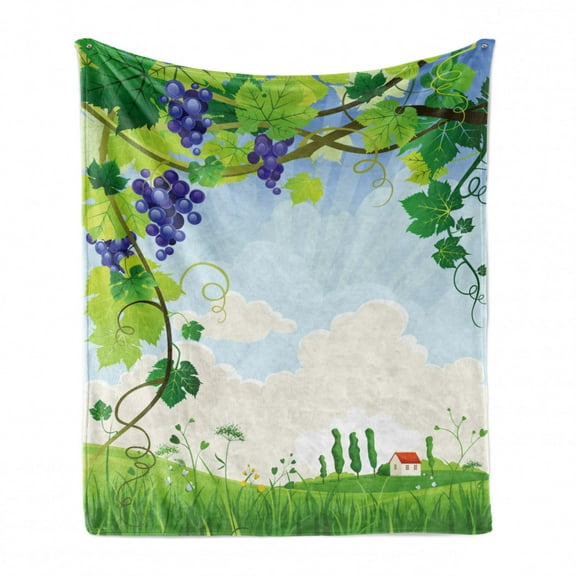 Vine Soft Flannel Fleece Blanket, Green Rural Countryside Landscape in a Sunny Day Green Branches with Bunch of Grapes, Cozy Plush for Indoor and Outdoor Use, 50" x 70", Multicolor, by Ambesonne