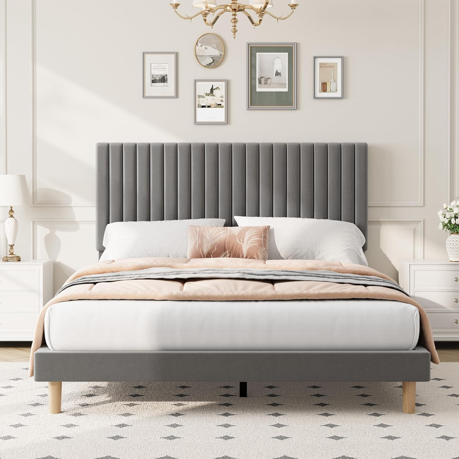 King Bed Frame with Adjustable Headboard, Velvet Upholstered Platform King Size Bed Frame, Vertical Channel Tufted, Strong Wooden Slats, No Box Spring Needed, Easy Assembly, Grey