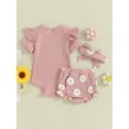 thumbnail image 5 of Musuos Baby Girls 3 Piece Outfits 6 12 18 24M Letter Print Short Sleeve Romper and Daisy Print Shorts Cute Headband Summer Clothes, 5 of 10