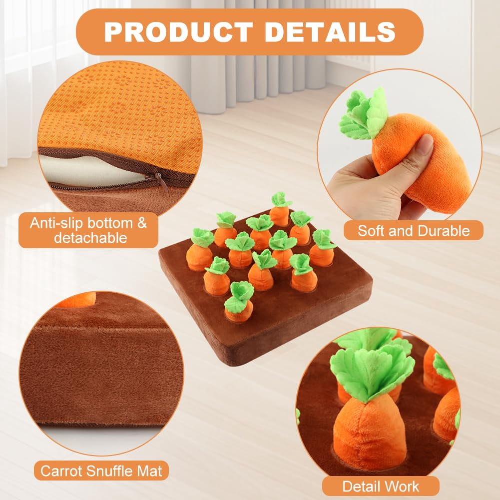 Carrot Dog Toys – Carrot Snuffle Mat for Dogs, Interactive Dog Plush Puzzle Toys 2 in 1 Fun Nosework Feed Games, Pet Stress Relief and Brain Training Foraging Skill with 12 Carrots