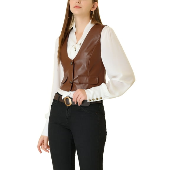 INSPIRE CHIC Women's Steampunk Waistcoat Sleeveless PU Faux Leather Suit Vest XS Brown