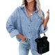 thumbnail image 2 of Blusa holgada de cuello para mujer, cárdigan de gasa y jacquard de manga larga en color azul para otoño, 2 of 6