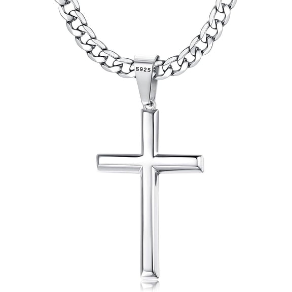 925 Sterling Silver Cross Necklace with Beveled Edge for Men & Women, 5mm Stainless Steel Diamond-Cut Durable Cuban Link Chain, Crucifix Pendant Necklace Jewelry, 16-30 Inches