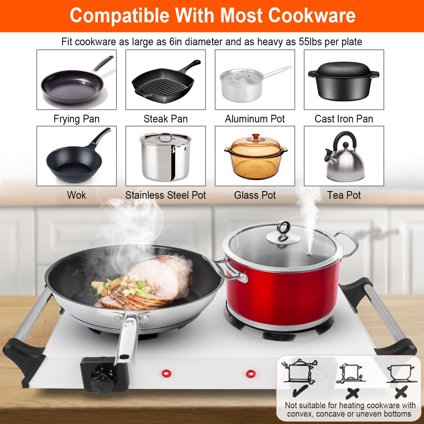 2000W Dual Burner Electric Hot Plate with 5 Temperature Settings, Portable Countertop Stove for All Flat Cookware, Portable Electric Stove for Dorms, RVs, Apartments